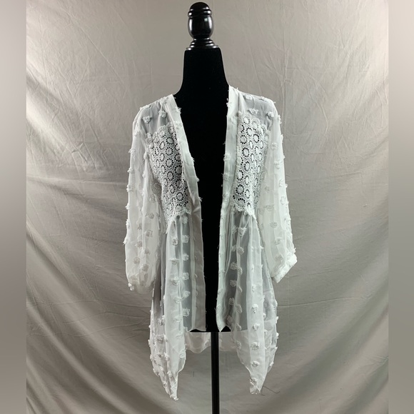White Swiss Dot Open Front Asymmetrical Hem Shirt - Picture 9 of 12